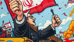 News analyst circling Iran on a map, illustrating the article's observation about performative geopolitical analysis