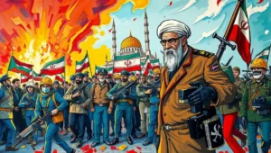 Satirical image of Iranian security forces labeled 'Enthusiastic Peace Facilitators' with 'firm dialogue tools'.