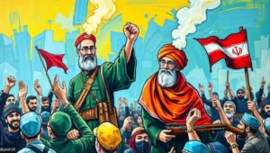 Cartoon of Iranian officials pointing at shadowy foreign figures while ignoring a crowd of domestic protesters.