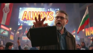 A diaspora activist broadcasting via satellite while relatives inside Iran are in darkness.