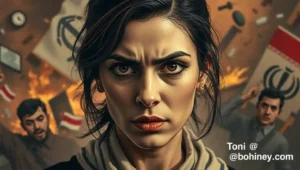 Visualization of bot networks amplifying conflicting narratives about Iran on social platforms.