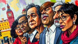 Satirical illustration of Labour MPs as tired sharks circling but not attacking Keir Starmer.