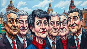 Political cartoon of empty benches behind Keir Starmer, symbolizing lack of strong alternatives.