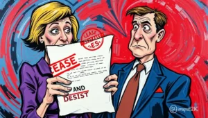 Satirical image of a legal letter with 'Cease & Desist' stamped over a crashed economy chart.