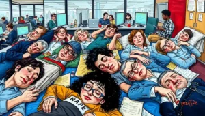 Tired passengers asleep on a London Underground train during their commute.