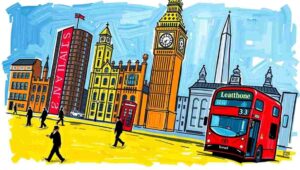 A typical London street scene with people walking briskly under umbrellas, enduring the weather stoically.