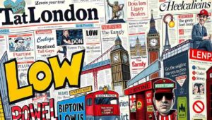 A classic London newsstand displaying iconic British newspaper front pages like the Evening Standard and The Times.