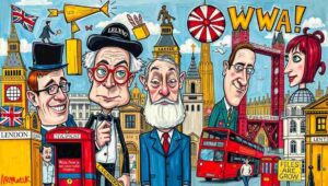 A classic red London phone box sits on a street corner with modern city buildings in the background.