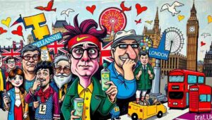 A busy, colourful scene along Brick Lane, famous for its street art and curry houses.