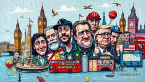 Protesters gather in a London square, holding banners and signs.