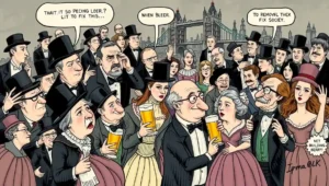 London Once Tried to Fix Society by Taking Away Beer and Adding Buildings (4) Historical London street scene with a Temperance coffee house and a traditional pub side by side.
