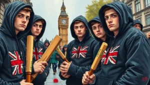 Group of young protesters wearing matching jackets and holding banners in a public space.