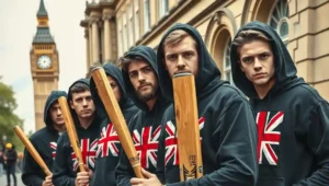 London Proud Boyd (8) Group of young men holding cricket bats and Union Jacks outside festival barriers.