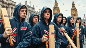 London Proud Boyd (9) Police officer mediating a debate between festival security and cricket bat protesters.