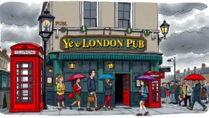 Historic London pub exterior with a classic painted sign and hanging flower baskets.