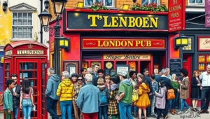 Crowded, lively interior of a traditional London pub at peak evening hours.
