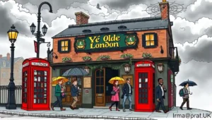 A pub dog sitting patiently by the bar, observing the evening's patrons.