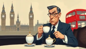 An editorial cartoon of a dignified Londoner with a raised eyebrow, embodying the 'polite dismantling' described in the article's tagline.