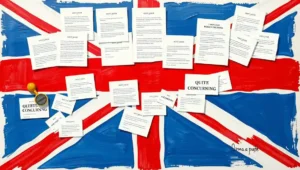 A satirical illustration of Parliament with the word 'Interesting...', representing the understated, ironic tone unique to London satire.