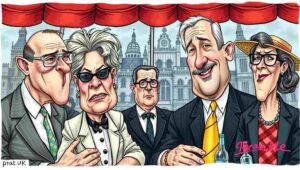 Satirical illustration of high society London event, private members clubs and elite social circles