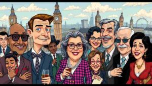 London Society members in Cotswolds countryside, August migration and rural tourism satire