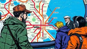 A TfL staff member politely guiding a lost passenger, representing the human guidance beyond the map.