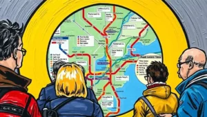 A packed London Underground carriage where passengers are engaged in the shared illusion of navigation.