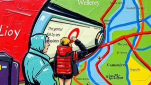 A confused tourist holding a physical Tube map and a smartphone, looking completely lost in a station.