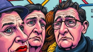 Commuters on a London Underground platform staring at a wall-mounted Tube map with polite bewilderment.