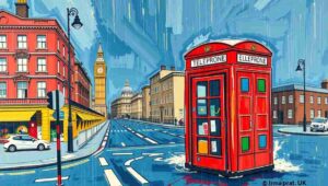 Satirical illustration of confused Londoner checking weather forecast, Britain's unreliable weather system