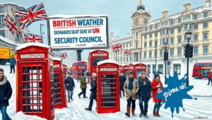London Winter Scene (1) Snow-covered London street with iconic red double-decker bus during winter weather.