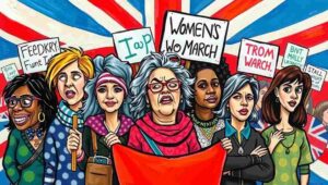 Aerial view of protest march winding through London streets near US Embassy.