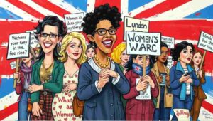 Close-up of creative protest signs and feminist slogans at London women's march.