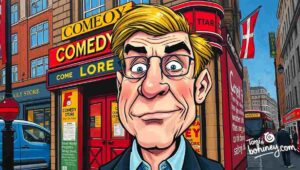 A group of early alternative comedy pioneers, including Rik Mayall and Alexei Sayle, performing on stage.