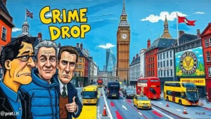 Satirical cartoon of a political figure calling London dystopian over a teacup crime scene.