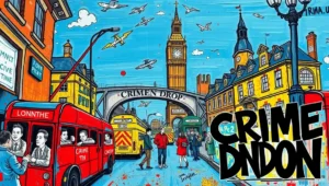 Split image: calm London streets vs. alarmist social media posts about crime.