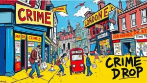 Mayor Sadiq Khan presenting crime statistics with a backdrop of London skyline.