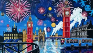 London's massive New Year's Eve fireworks display illuminating the entire Thames skyline with colorful explosions.
