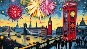 A massive crowd of tourists and Londoners recording the fireworks on their phones along the riverbank.