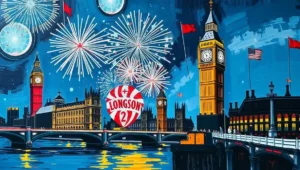 Artfully choreographed fireworks creating shapes and patterns in the sky, synchronized to a musical soundtrack.