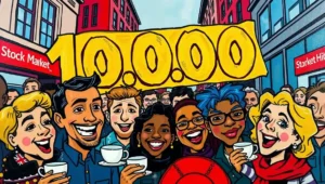 A financial news screen showing the FTSE 100 index surpassing 10,000 points. A Bloomberg terminal or news ticker displaying the FTSE 100 index hitting the 10,000-point milestone.