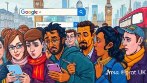 Humorous graphic showing a phone with chaotic London-themed Google searches on screen.