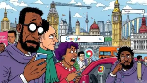 Comic illustration of a Londoner bundled up in a flat, Googling about cold electric heaters.