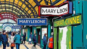 Marylebone Station London’s Polite Little Terminus That Refuses to Get Involved (3) A calm, uncrowded view of Marylebone Station's tidy concourse with clear signage and orderly passengers.