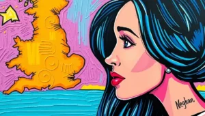 Satirical cartoon of Meghan Markle in a spa robe with the UK map labeled as a wellness retreat.