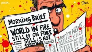 A person stares blankly at a television or phone screen displaying a morning news broadcast. A person watches the morning news with a tired, overwhelmed expression, reflecting the article's theme of absorbing chaos before breakfast.