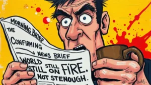 A close-up of a steaming mug of tea next to a phone showing alarming news headlines. A mug of tea sits beside a phone displaying bad news, symbolizing the 'polite' acceptance described in the article.