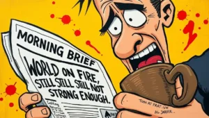 A split-screen graphic showing rapid-fire news headlines about war, markets, and weather scrolling past. A visual of rapid, fragmented news headlines, illustrating the 'conveyor belt of unease' critiqued in the article's list.