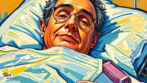 A patient wearing a digital tracking wristband in bed A hospital patient in bed wearing a digital wristband that tracks movement and vital signs.