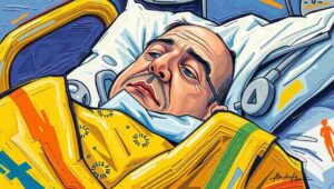 A patient in a hospital corridor with 'calming' signage A patient in an NHS hospital corridor with soft lighting and gentle safety signage.